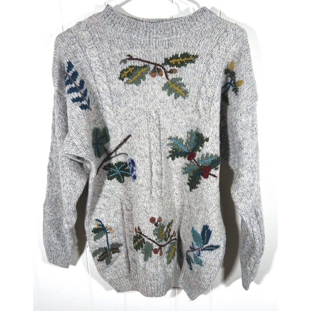 Vintage Eddie Bauer Embroidered Wool Blend Cable Knit Sweater Gray Mens Small